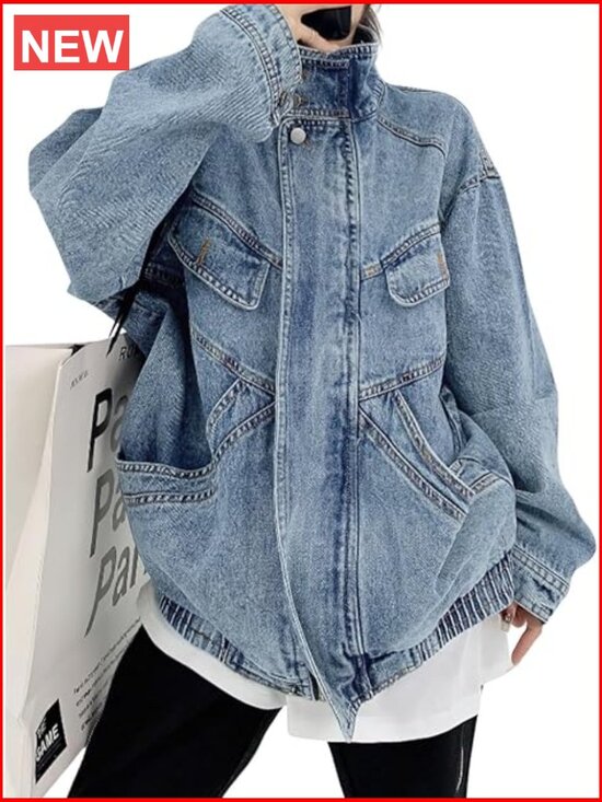 Jackets & Blazers - Oversized Stand Collar Shacket Jean Jacket Zip Up Distressed Frayed Denim Coat